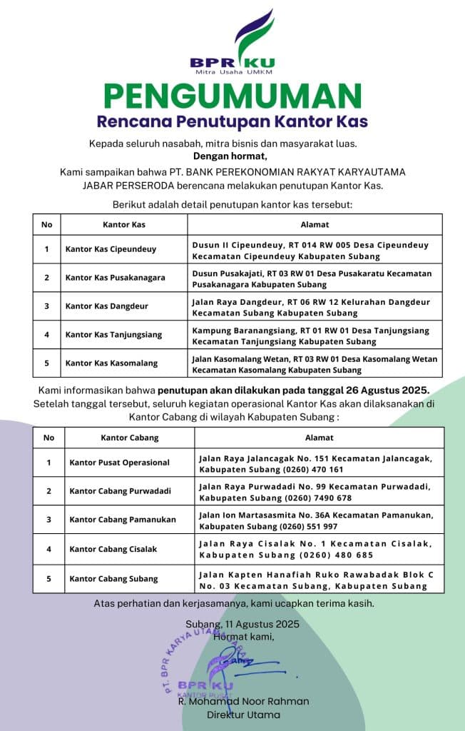 PENGUMUMAN RENCANA PENUTUPAN KANTOR KAS